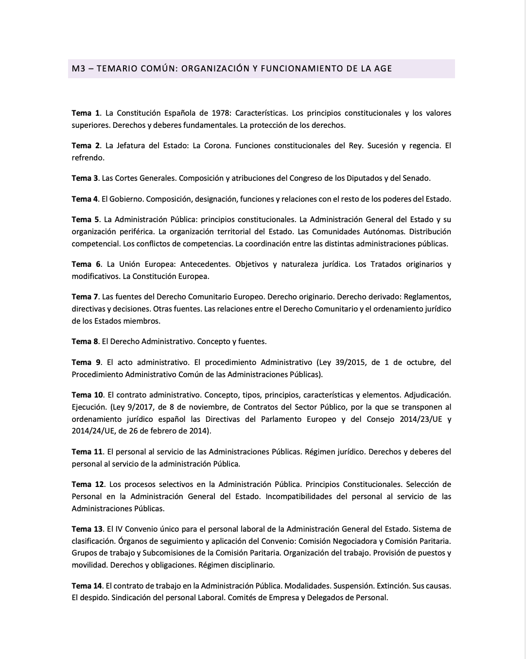 Listado de temas del temario completo M3 Parte Común