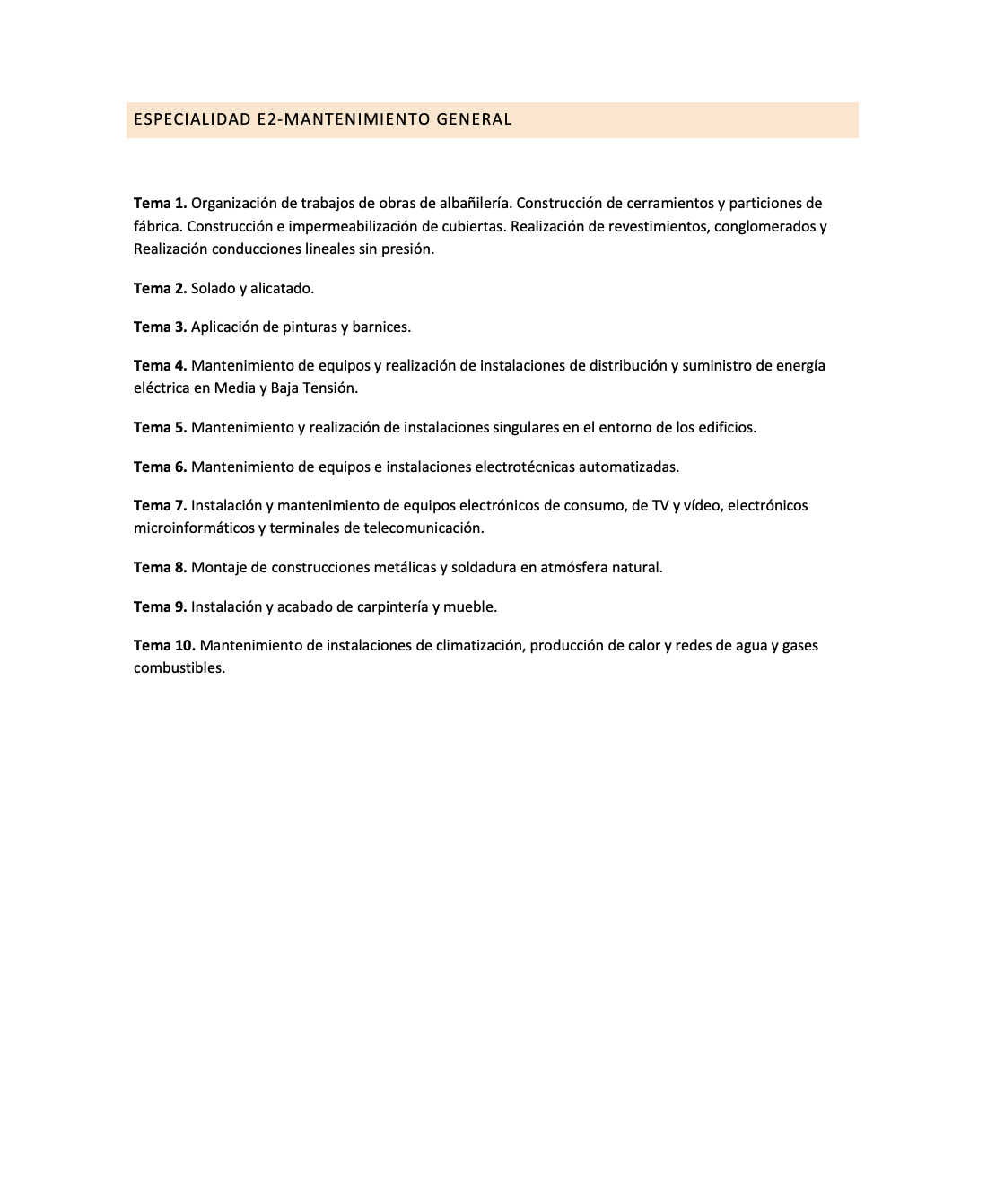 Programa de la especialidad E2 Mantenimiento General
