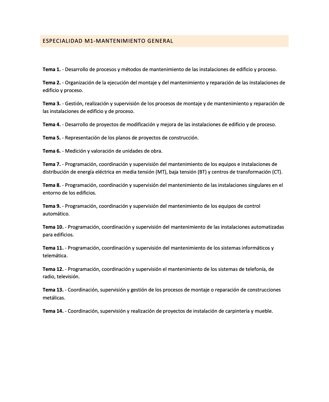 Programa de la Especialidad M1 MANTENIMIENTO GENERAL