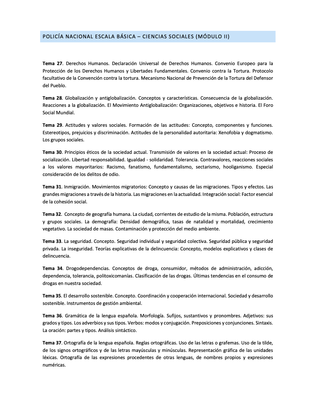 Relación de temas del Módulo II Ciencias Sociales POLICÍA NACIONAL Escala Básica