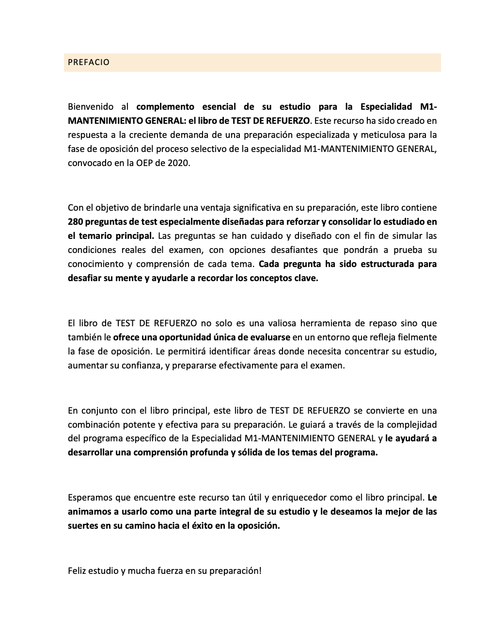 Prefacio del TEST DE REFUERZO de la Especialidad M1 MANTENIMIENTO GENERAL