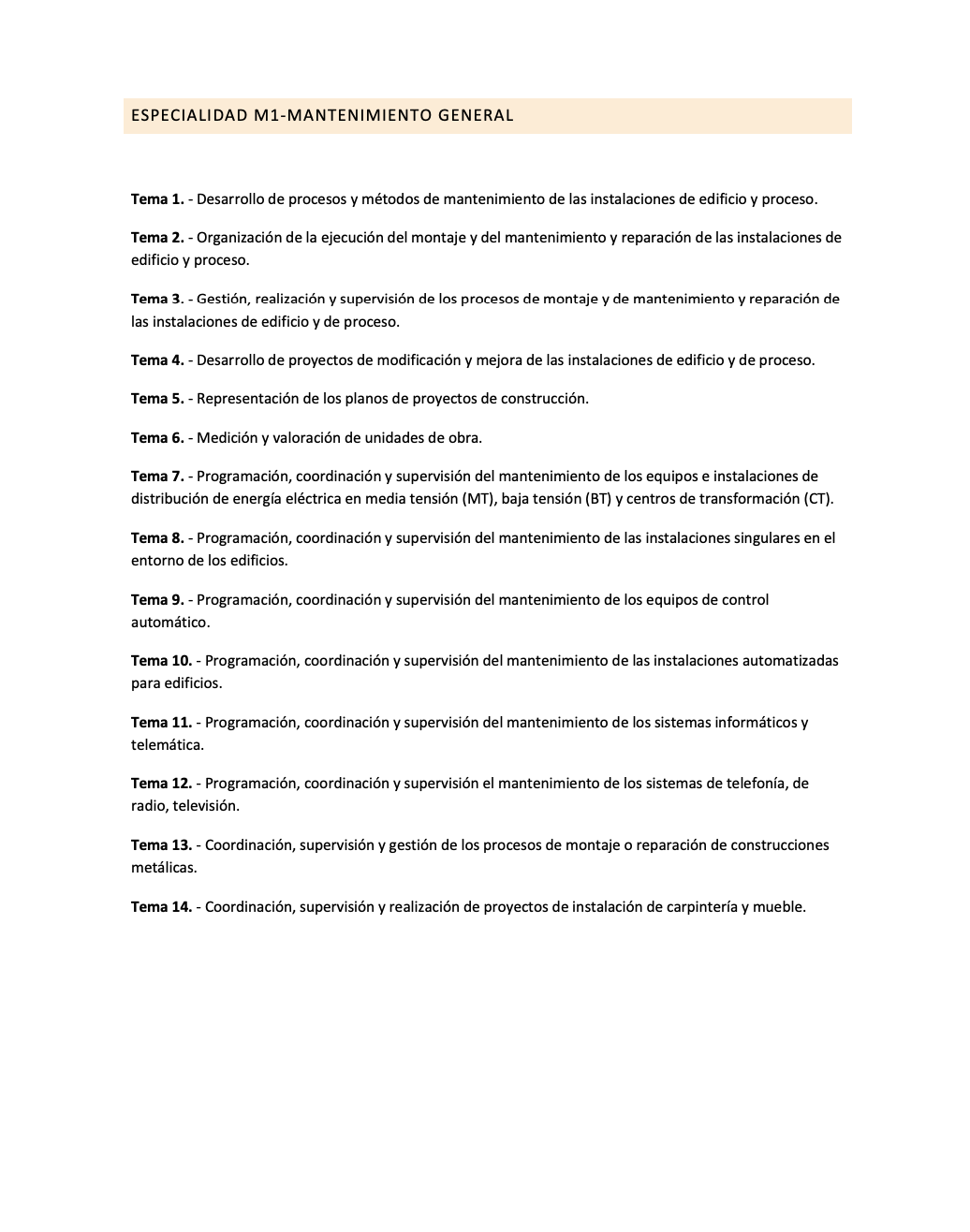 Programa del TEST DE REFUERZO de la Especialidad M1 MANTENIMIENTO GENERAL