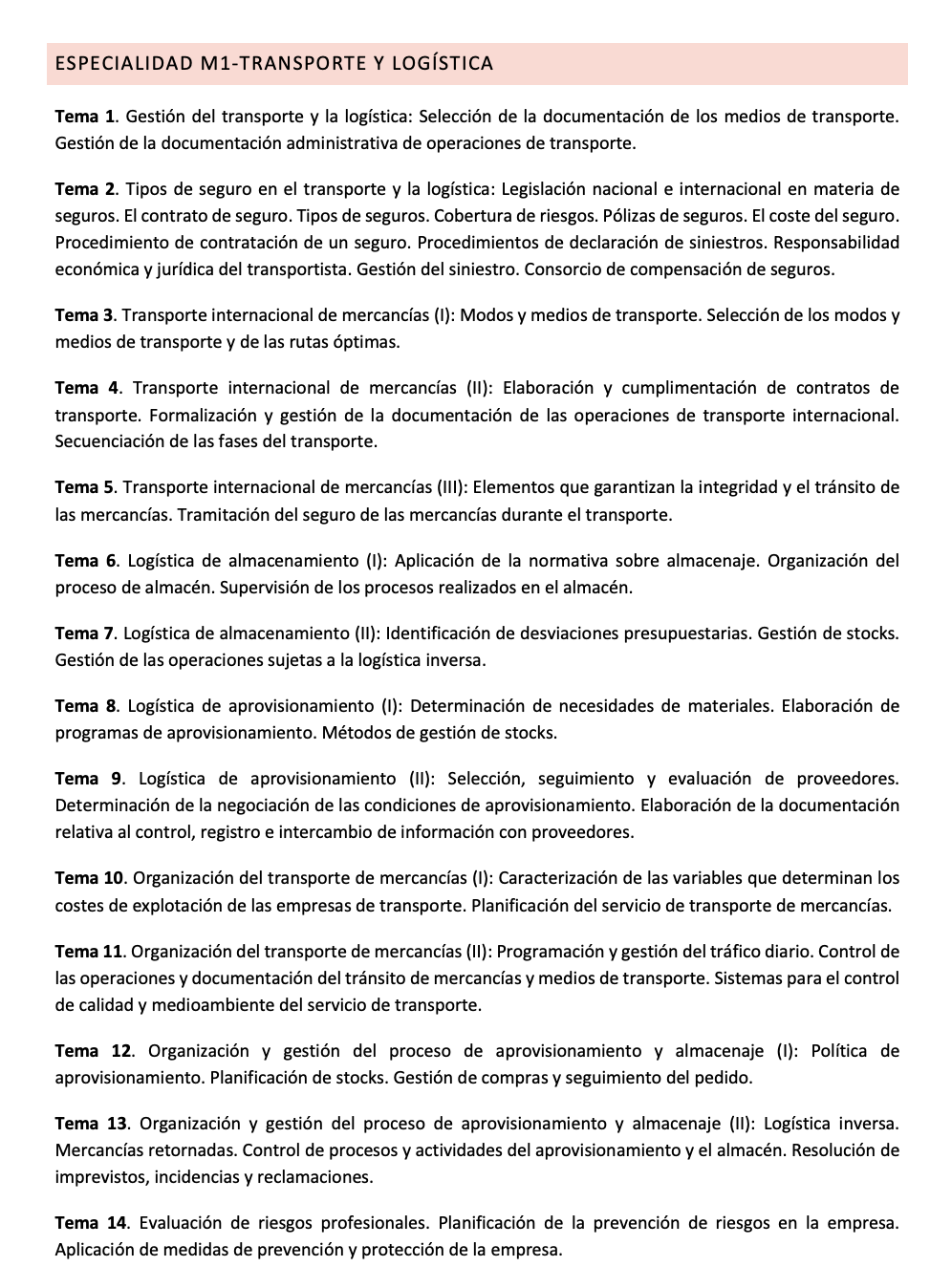 PROGRAMA de la Especialidad M1 TRANSPORTE Y LOGÍSTICA