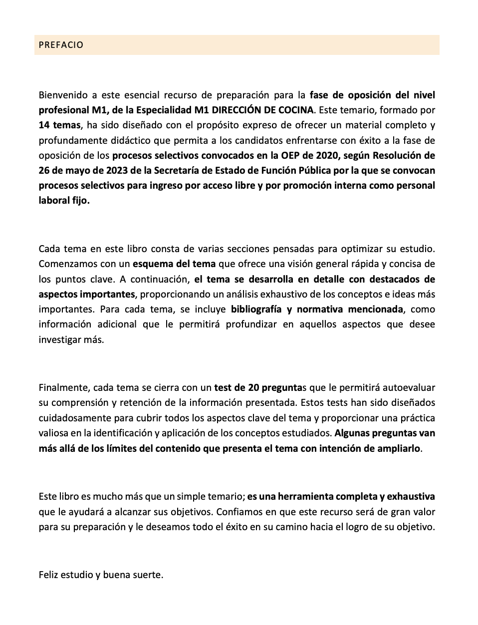Prefacio del temario Especialidad M1 DIRECCIÓN DE COCINA