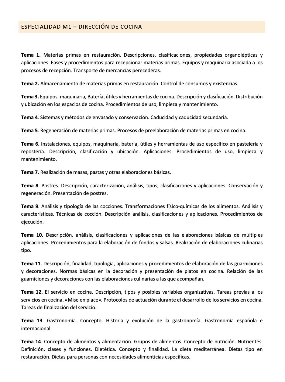 Programa de la Especialidad M1 DIRECCIÓN DE COCINA