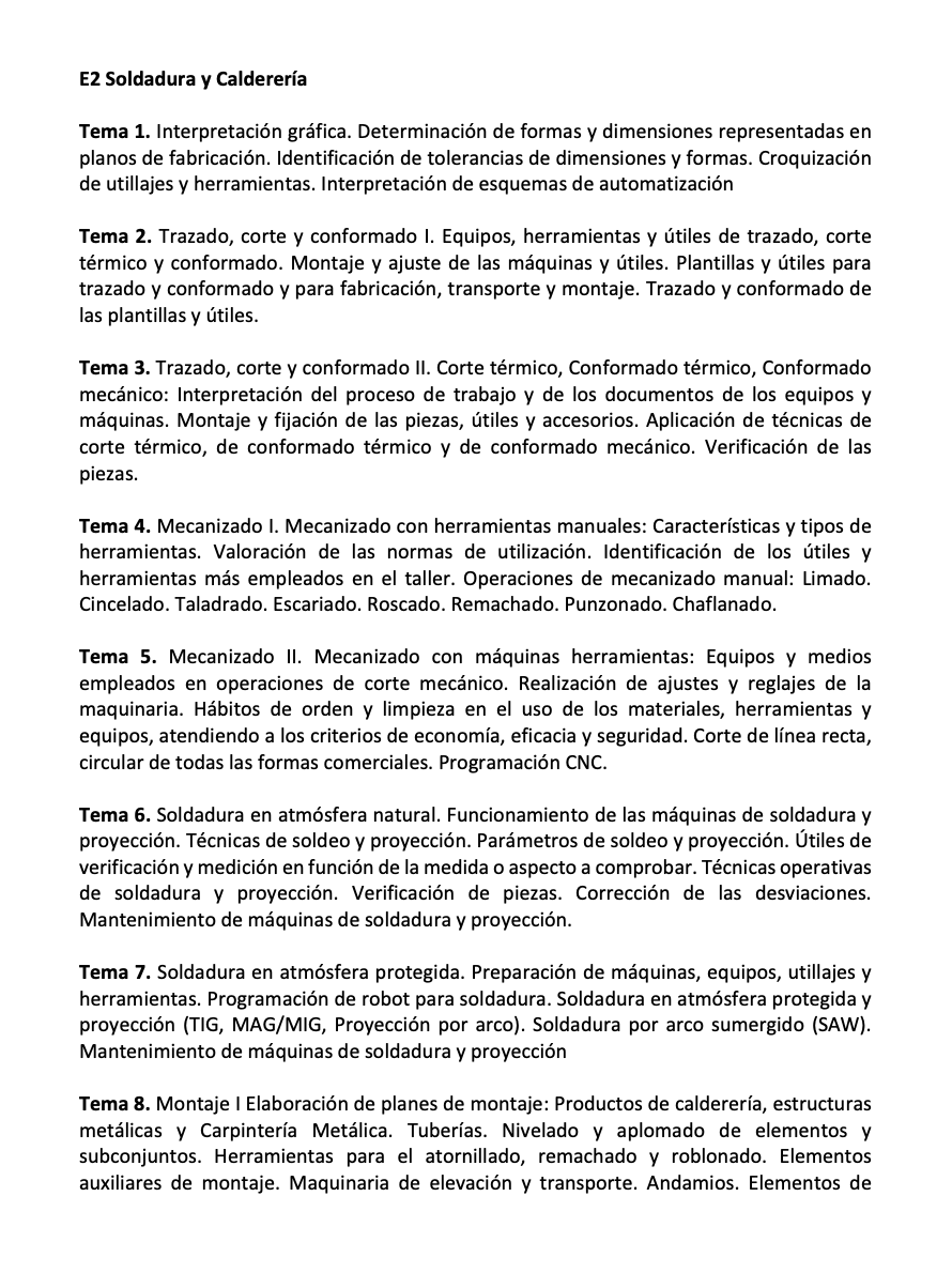 Programa de la Especialidad E2 SOLDADURA Y CALDERERÍA (1/2)
