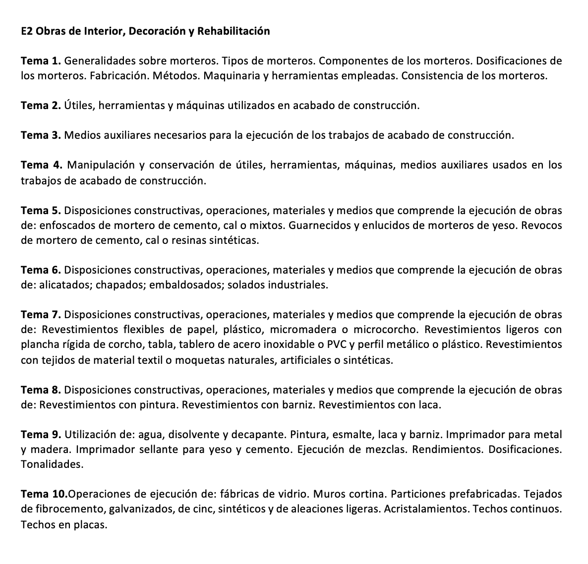 Programa de Especialidad E2 OBRAS DE INTERIOR, DECORACIÓN Y REHABILITACIÓN