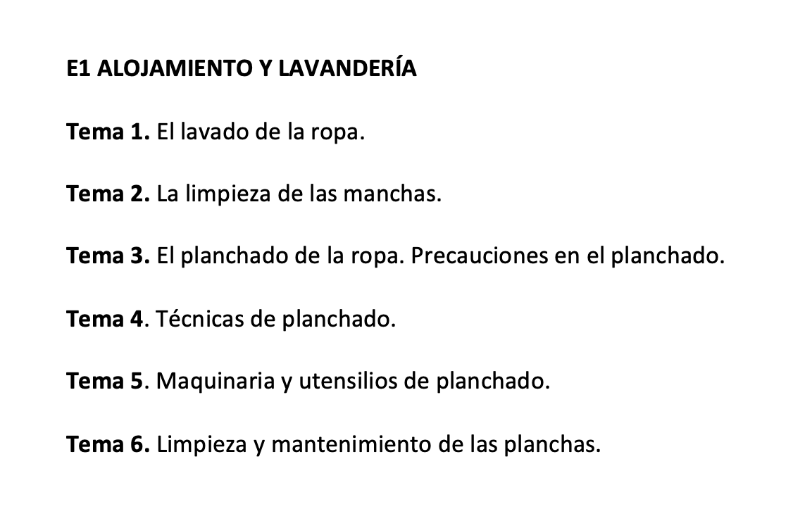 Programa de la Especialidad E1 ALOJAMIENTO Y LAVANDERÍA