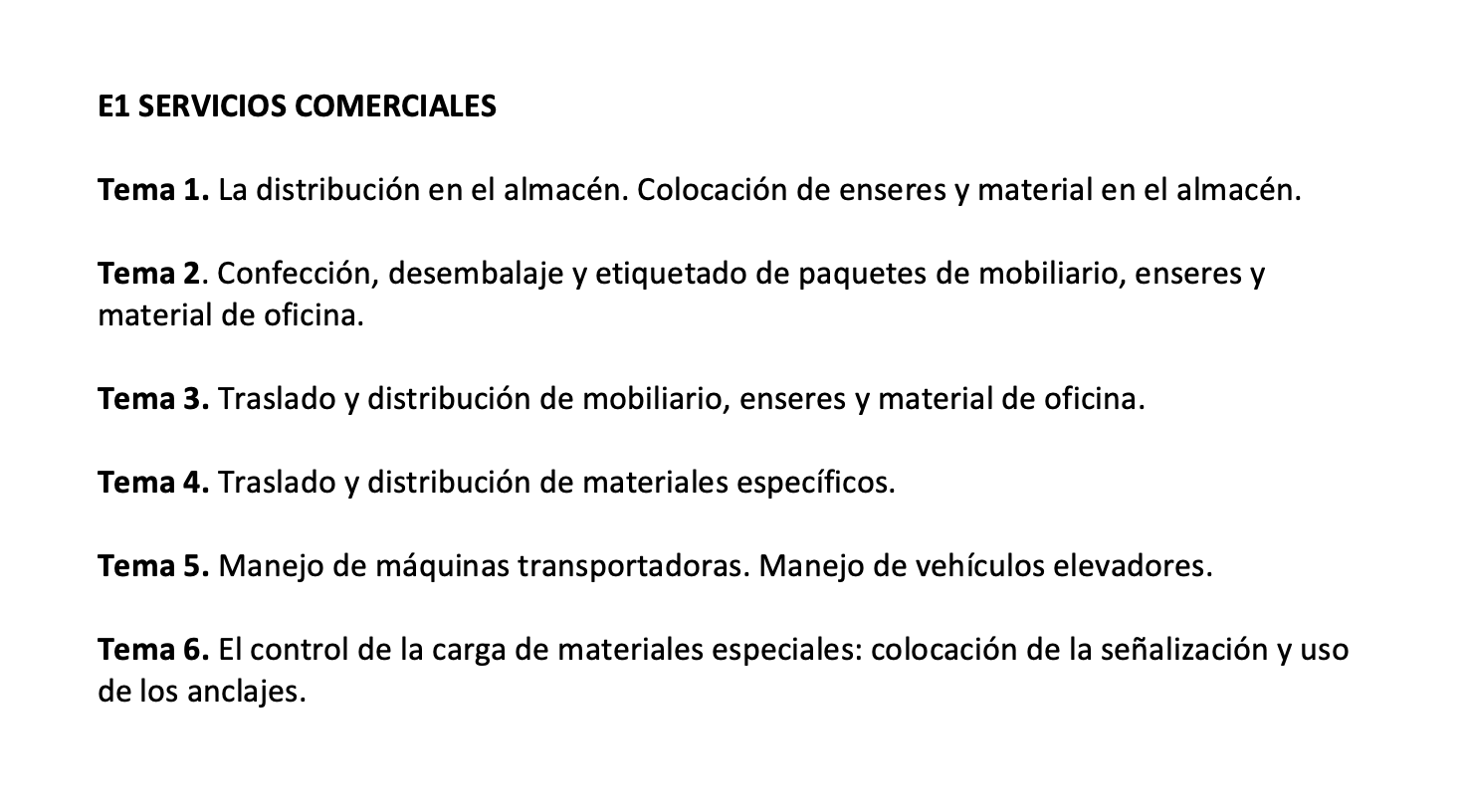 Programa de la Especialidad E1 SERVICIOS COMERCIALES