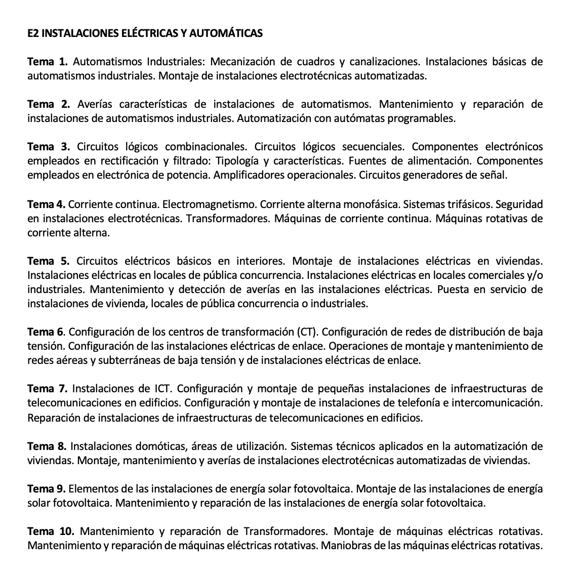 Programa de la Especialidad E2 INSTALACIONES ELÉCTRICAS Y AUTOMÁTICAS
