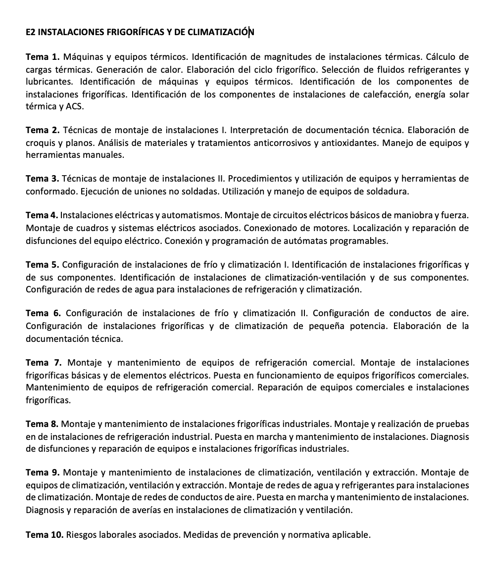 Programa de la Especialidad E2 INSTALACIONES FRIGORÍFICAS Y DE CLIMATIZACIÓN