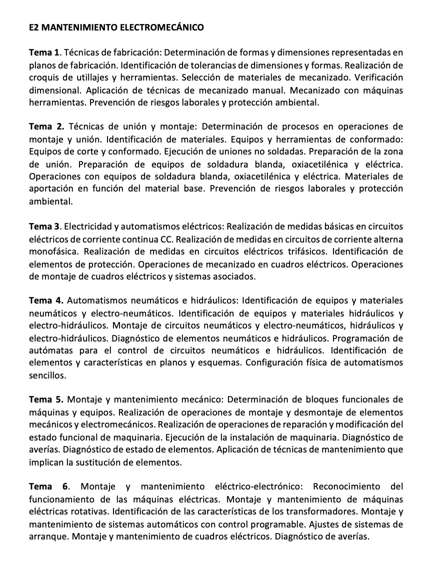 Programa de la Especialidad E2 MANTENIMIENTO ELECTROMECÁNICO (1/2)