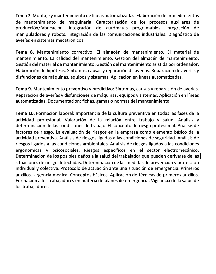 Programa de la Especialidad E2 MANTENIMIENTO ELECTROMECÁNICO (2/2)