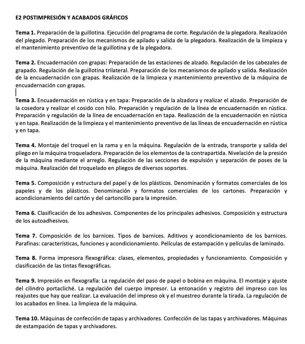 Programa de la Especialidad E2 POSTIMPRESIÓN Y ACABADOS GRÁFICOS