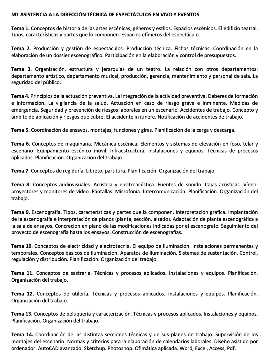 Programa de la Especialidad M1 ASISTENCIA A LA DIRECCIÓN TÉCNICA DE ESPECTÁCULOS EN VIVO Y EVENTOS