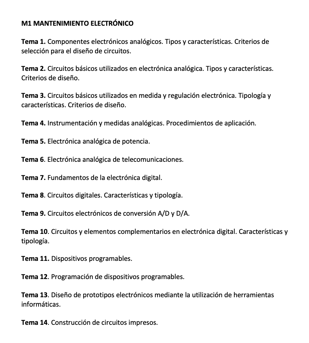 Programa de la Especialidad M1 MANTENIMIENTO ELECTRÓNICO