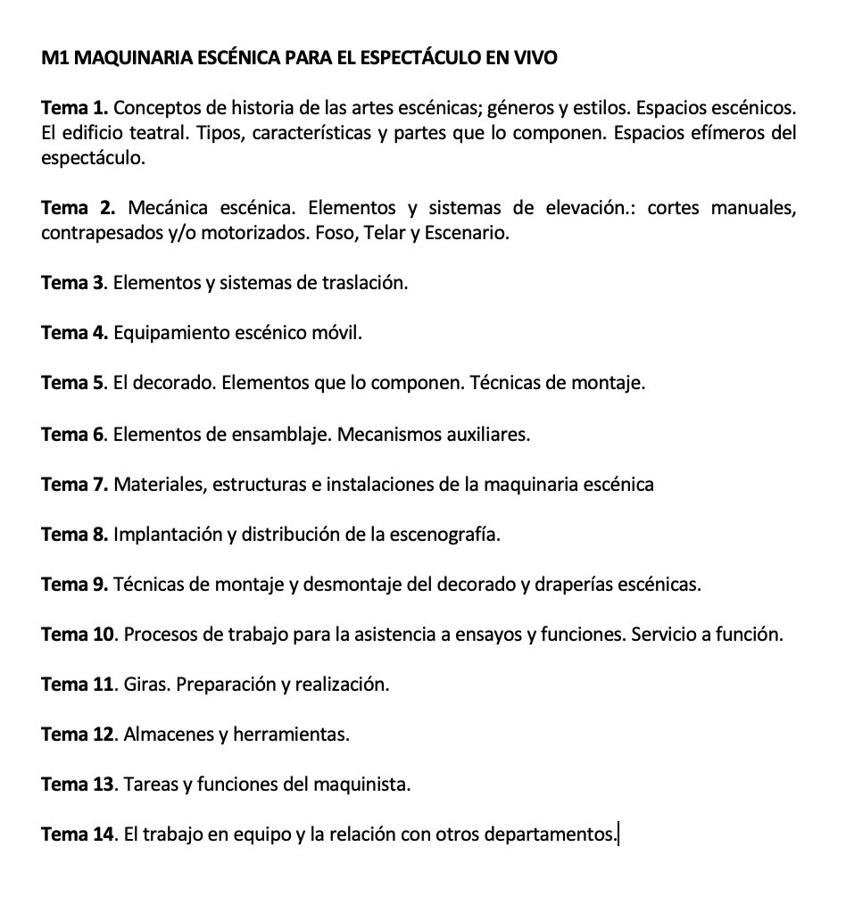 Programa de la Especialidad M1 MAQUINARIA ESCÉNICA DEL ESPECTÁCULO EN VIVO