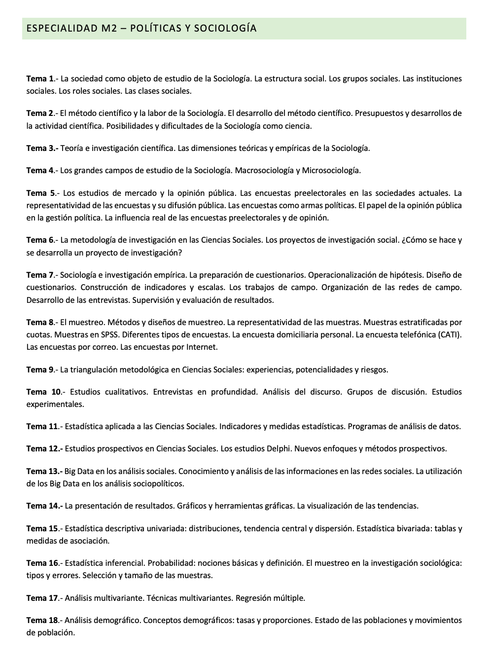 Programa de la Especialidad M2 POLÍTICAS Y SOCIOLOGÍA (1/2)