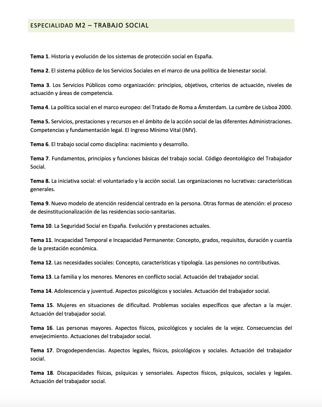 Programa de la Especialidad M2 TRABAJO SOCIAL (1/2)