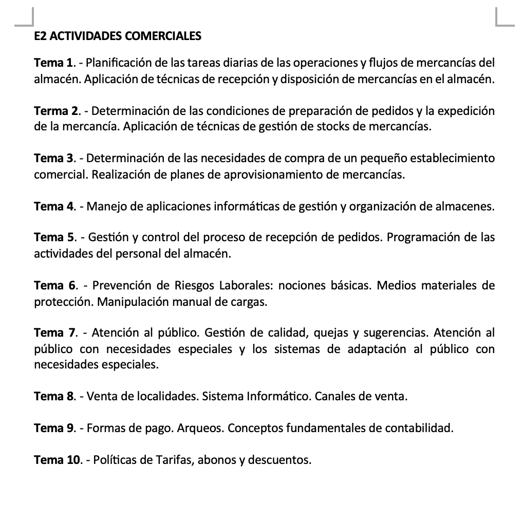 Programa de la Especialidad E2 ACTIVIDADES COMERCIALES